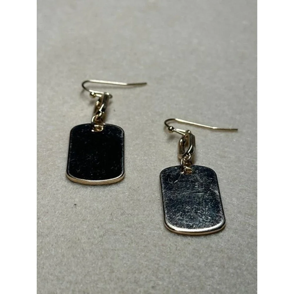 BP. Gold Tone Dog Tag Pendant Dangle Earrings Oval Link Chain NWT New Boho Gift